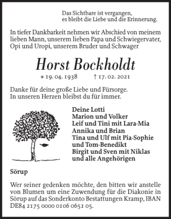 Traueranzeige von Horst Bockholdt von Flensburger Tageblatt