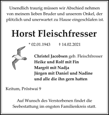 Traueranzeige von Horst Fleischfresser von Sylter Rundschau