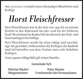Traueranzeige von Horst Fleischfresser von Sylter Rundschau