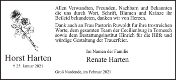 Traueranzeige von Horst Harten von Uetersener Nachrichten