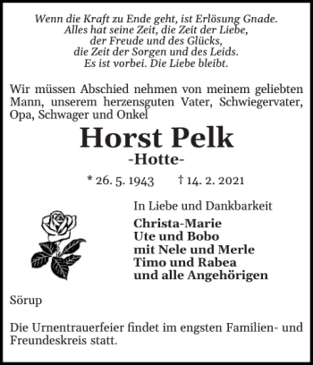 Traueranzeige von Horst Pelk von Flensburger Tageblatt
