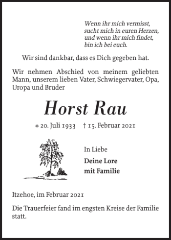 Traueranzeige von Horst Rau von Norddeutsche Rundschau