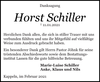 Traueranzeige von Horst Schiller von Schlei-Bote