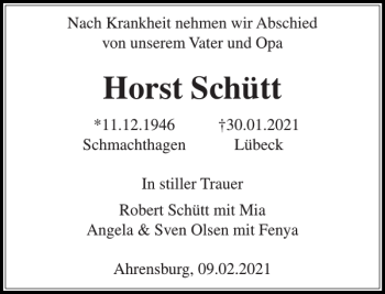 Traueranzeige von Horst Schütt von Stormarner Tageblatt