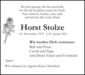 Traueranzeige von Horst Stolze von Pinneberger Tageblatt