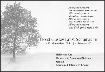 Traueranzeige von Horst Gustav Ernst Schumacher von Pinneberger Tageblatt