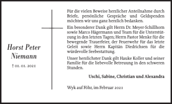 Traueranzeige von Horst Peter Niemann von Der Insel-Bote