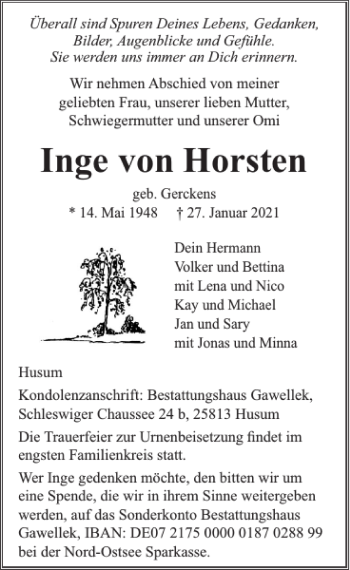 Traueranzeige von Inge von Horsten von Flensburger Tageblatt