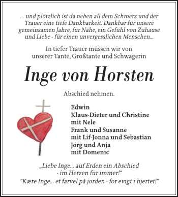 Traueranzeige von Inge von Horsten von Husumer Nachrichten