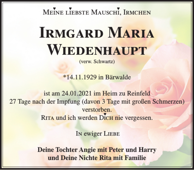  Traueranzeige für Irmgard Maria Wiedenhaupt vom 13.02.2021 aus Stormarner Tageblatt