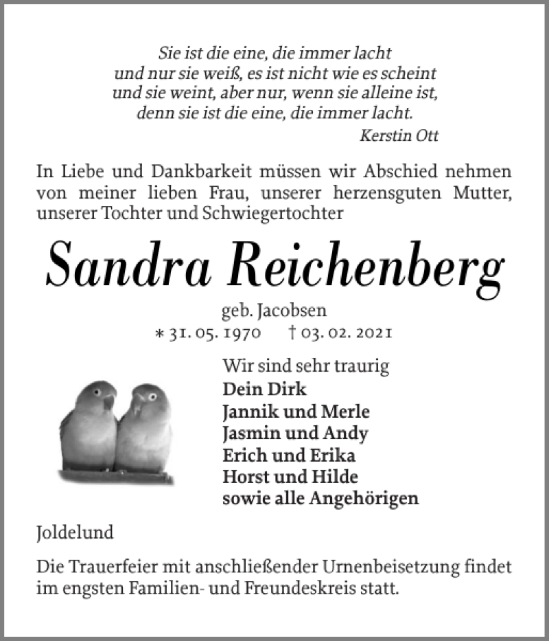  Traueranzeige für Sandra Reichenberg vom 09.02.2021 aus Flensburger Tageblatt