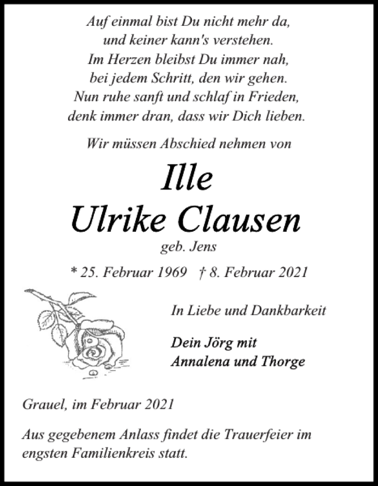  Traueranzeige für Ulrike Ille Clausen vom 13.02.2021 aus Landeszeitung