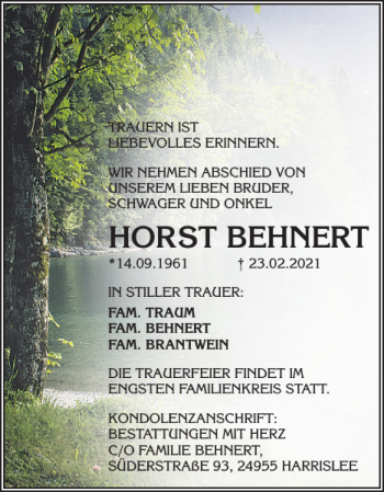 Traueranzeige von HORST BEHNERT von Flensburger Tageblatt