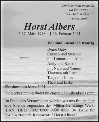 Traueranzeige von Horst Albers von Elmshorner Nachrichten