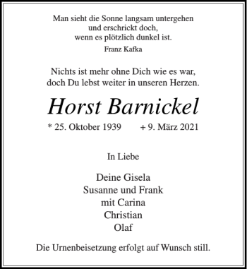 Traueranzeige von Horst Barnickel von Stormarner Tageblatt