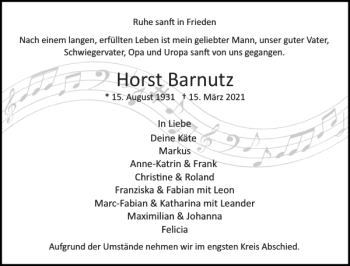 Traueranzeige von Horst Barnutz von Uetersener Nachrichten