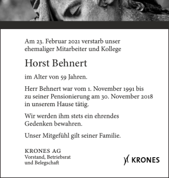 Traueranzeige von Horst Behnert von Flensburger Tageblatt