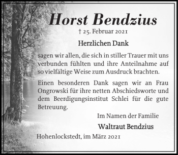 Traueranzeige von Horst Bendzius von Norddeutsche Rundschau