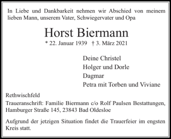Traueranzeige von Horst Biermann von Stormarner Tageblatt