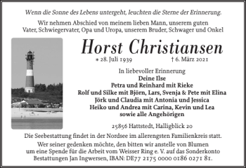 Traueranzeige von Horst Christiansen von Husumer Nachrichten