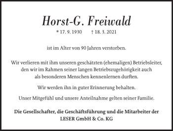 Traueranzeige von Horst-G. Freiwald von Landeszeitung