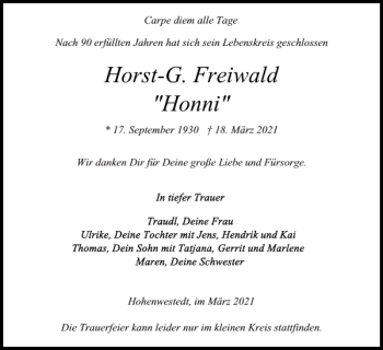 Traueranzeige von Horst-G. Freiwald Honni von Landeszeitung