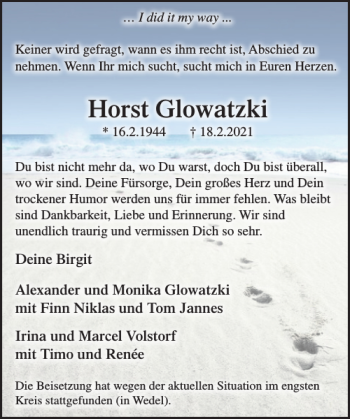 Traueranzeige von Horst Glowatzki von Stormarner Tageblatt