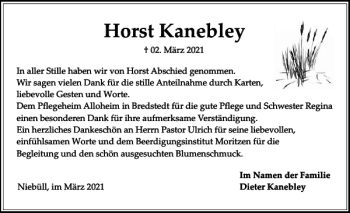 Traueranzeige von Horst Kanebley von Sylter Rundschau