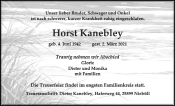 Traueranzeige von Horst Kanebley von Sylter Rundschau