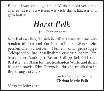 Traueranzeige von Horst Pelk von Flensburger Tageblatt