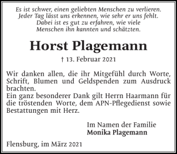 Traueranzeige von Horst Plagemann von Flensburger Tageblatt