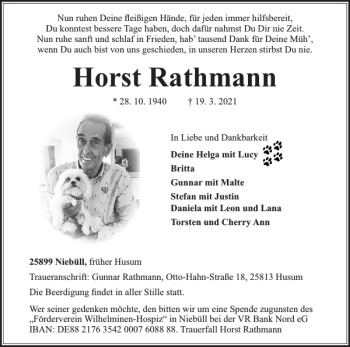 Traueranzeige von Horst Rathmann von Husumer Nachrichten