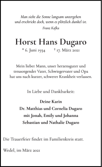 Traueranzeige von Horst Hans Dugaro von Wedel-Schulauer Tageblatt