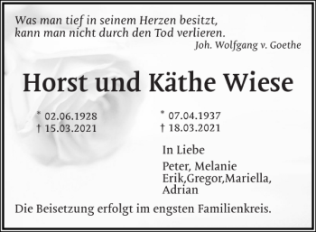 Traueranzeige von Horst und Käthe Wiese von Flensburger Tageblatt