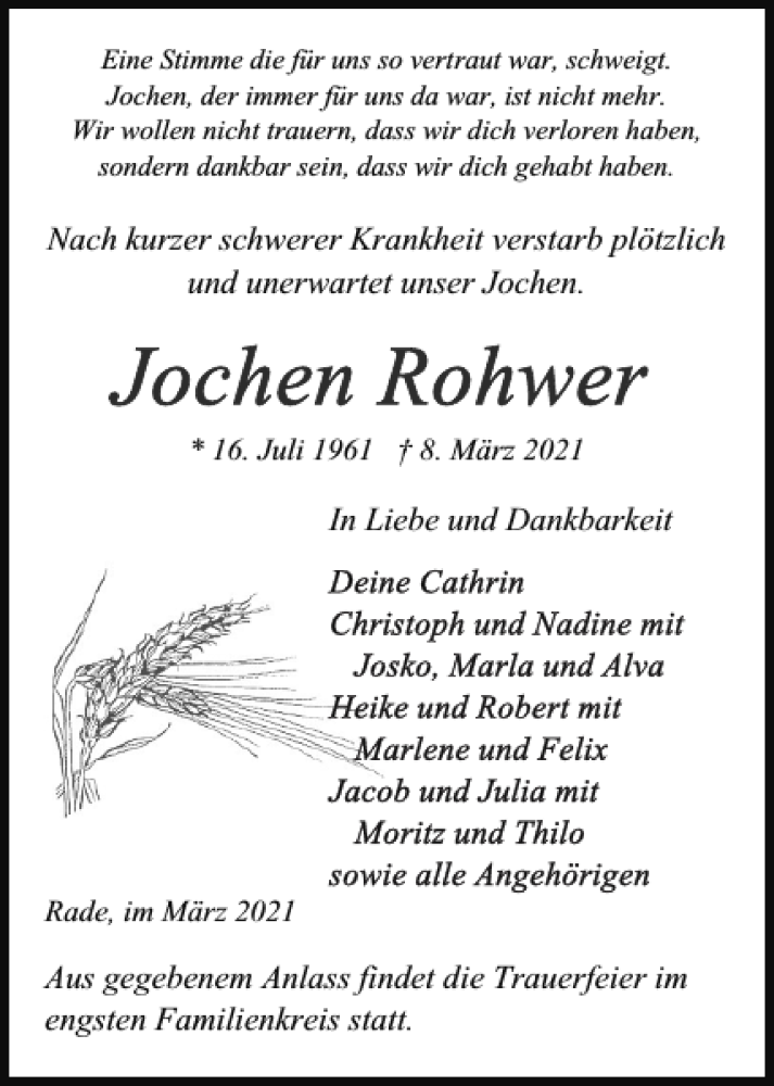  Traueranzeige für Jochen Rohwer vom 11.03.2021 aus Landeszeitung