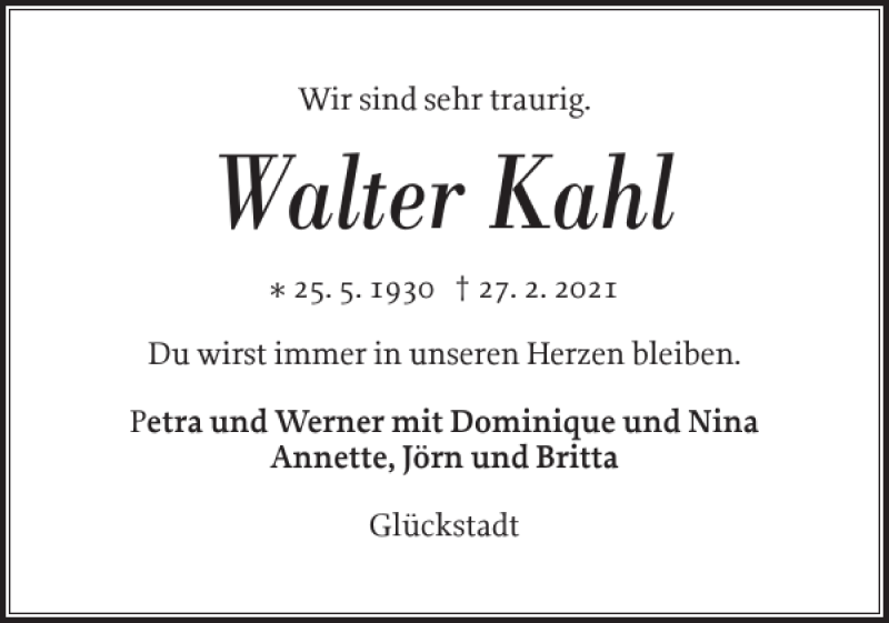  Traueranzeige für Walter Kahl vom 06.03.2021 aus Norddeutsche Rundschau