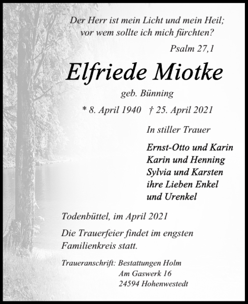  Traueranzeige für Elfriede Miotke vom 30.04.2021 aus Landeszeitung