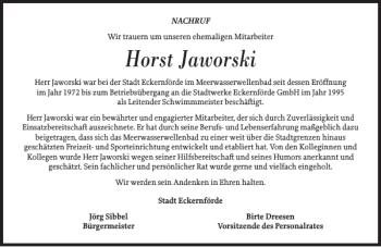 Traueranzeige von Horst Jaworski von Eckernförder Zeitung