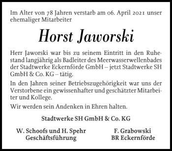 Traueranzeige von Horst Jaworski von Eckernförder Zeitung