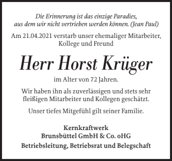 Traueranzeige von Horst Krüger von Norddeutsche Rundschau