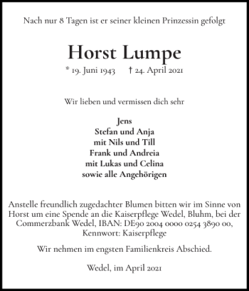Traueranzeige von Horst Lumpe von Wedel-Schulauer Tageblatt