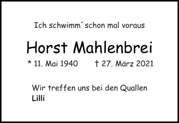 Traueranzeige von Horst Mahlenbrei von Landeszeitung