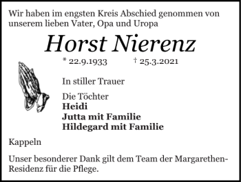Traueranzeige von Horst Nierenz von Schlei-Bote
