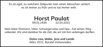 Traueranzeige von Horst Paulat von Pinneberger Tageblatt