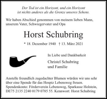 Traueranzeige von Horst Schubring von Stormarner Tageblatt