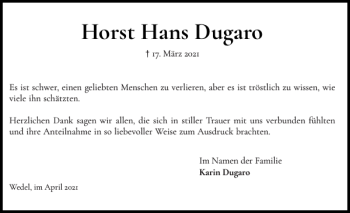 Traueranzeige von Horst Hans Dugaro von Wedel-Schulauer Tageblatt