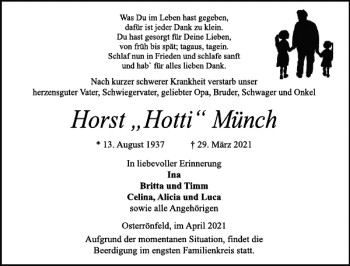 Traueranzeige von Horst Hotti Münch von Landeszeitung