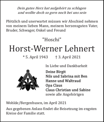 Traueranzeige von Horst Werner Lehnert von Landeszeitung