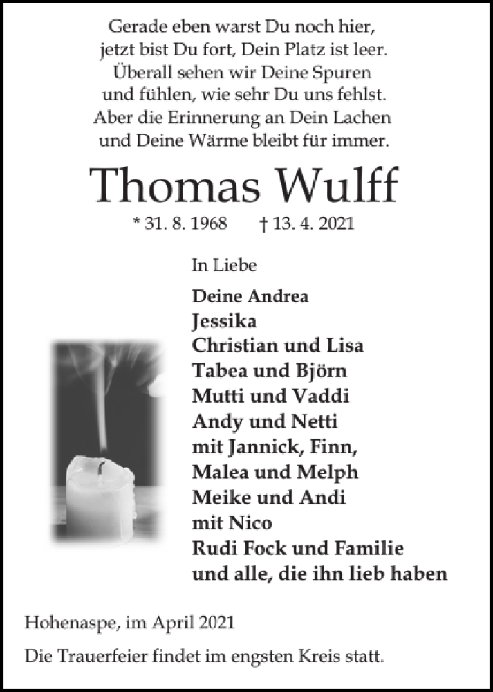  Traueranzeige für Thomas Wulff vom 17.04.2021 aus Norddeutsche Rundschau