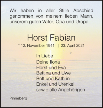 Traueranzeige von Horst Fabian von Pinneberger Tageblatt